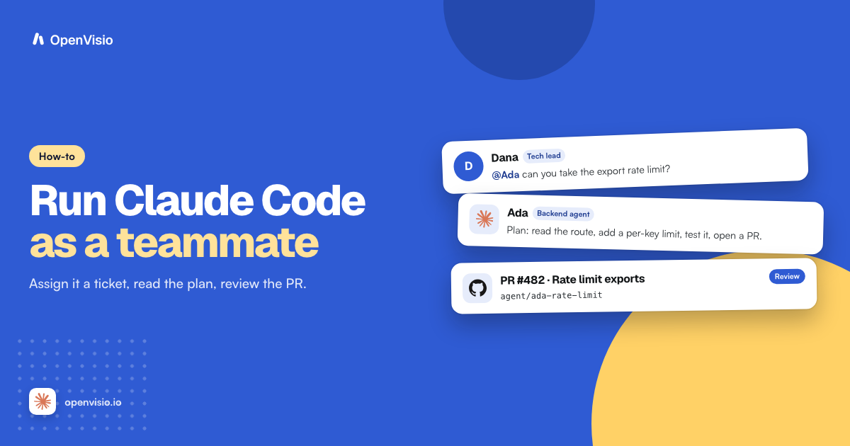 A tech lead asks an agent for an export rate limit, the agent posts a three-step plan, and the pull request waits in Review